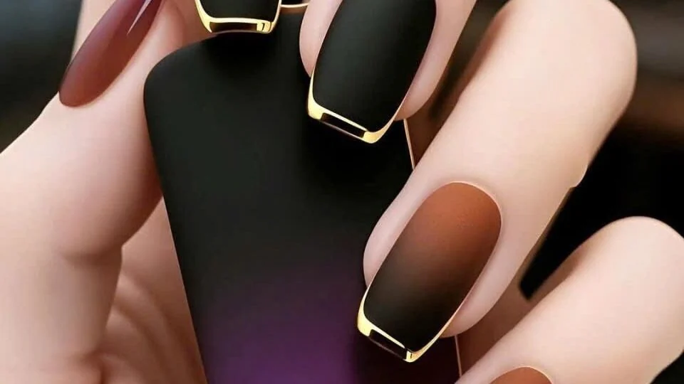 Black and brown nails with fine gold accents from the official OS Nails gallery