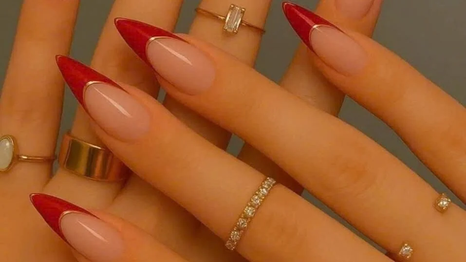 Red French tips on nude nails from the official OS Nails gallery