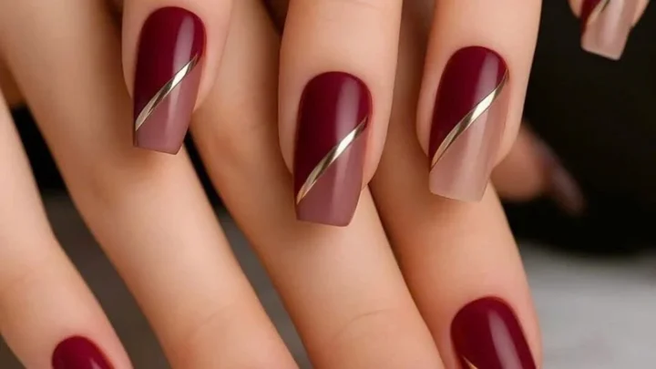 Burgundy nails with fine metallic lines from the official OS Nails gallery