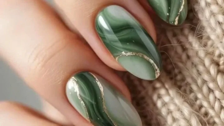 Green marble nail design from the official OS Nails gallery